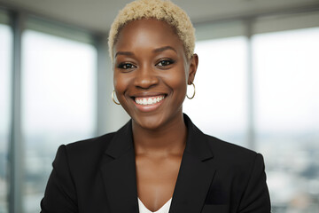 portrait of a short cut blonde afro business woman dressed in a black suit