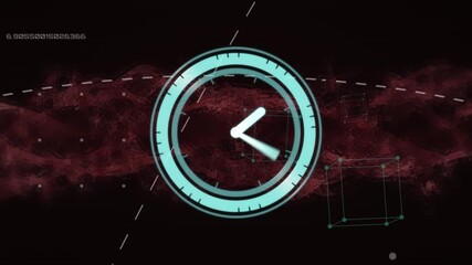 Animation of clock with gold confetti falling and red clouds on black background - Powered by Adobe