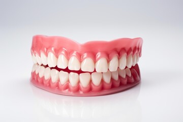 Obraz premium Dental prosthesis showing a complete set of white teeth and pink gums
