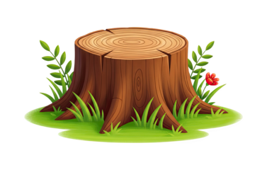 Tree stump with green grass and a red flower isolated on transparent background