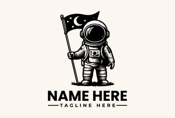 A black and white vector illustration of an astronaut holding a flag with a crescent moon and stars, standing on a simple background with a logo and tagline text. © vectorvovdesign