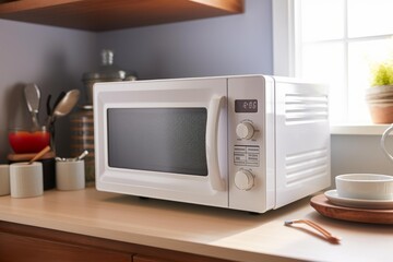 Obraz premium Microwave oven sitting on a wooden kitchen countertop near a window