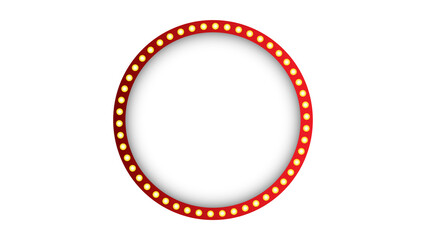 Marquee light frame with bulb glowing isolated on transparent background. Round retro banner 3d, realistic red casino or circus sign, red neon cinema name, empty frame with gold lights © Yvone