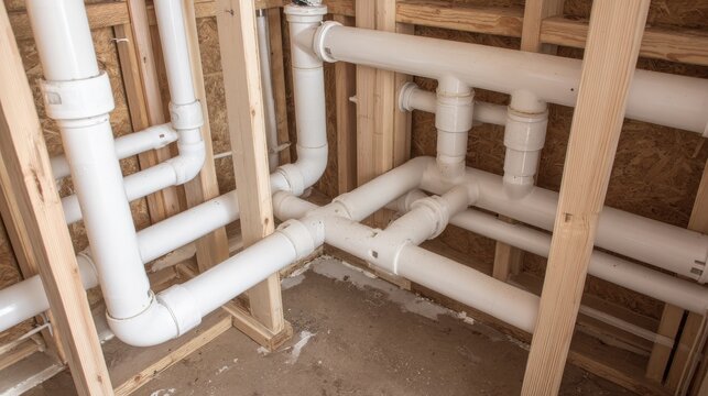Complex PVC plumbing pipe network installed within a wooden house frame during construction
