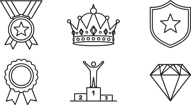 Achievement and award outline icons set &ndash; medal, crown, shield, podium, diamond