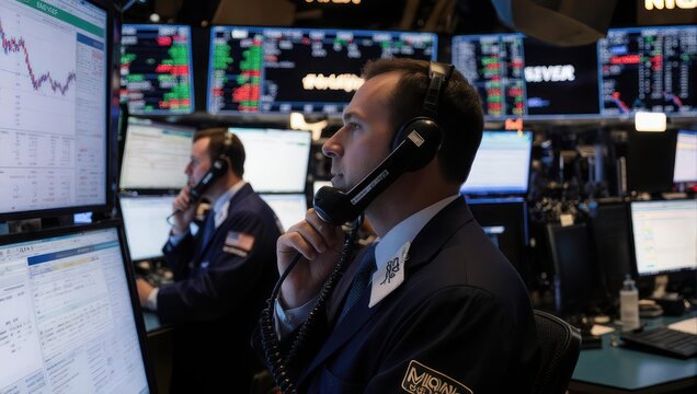 Stock Market Traders in a Busy Trading Room.