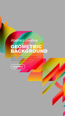 Fototapeta premium Bright geometric shapes overlap gray backdrop. Text promotes creative design, includes call to action button.
