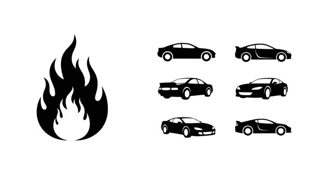 Set of Black Silhouette Designs Flame Fire Style Auto Car Icon Isolated on White Background for Transport and Automotive Services or Creative Arts and Crafts