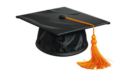 A black square graduation cap with a gold tassel on a dark background