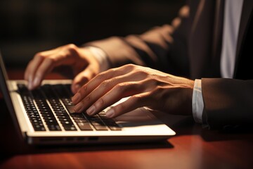 Business hands are typing on a laptop keyboard in a dimly lit office