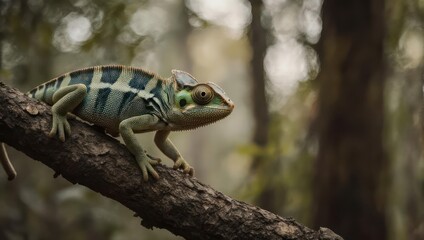 Striking Chameleon Perched on Branch in Lush Forest Setting.