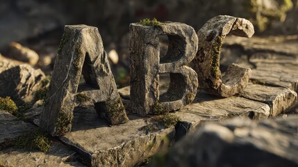 Stone letter trio A B C carved on a rugged rock along a sunlit forest path