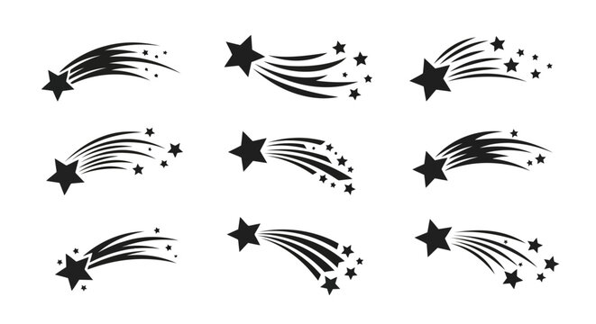 Shooting Stars Vector Illustrations Set Comet Trail Asteroid Starfall Night Sky Cosmos Space Galaxy Graphic Design Astronomy Universe Science Black and White