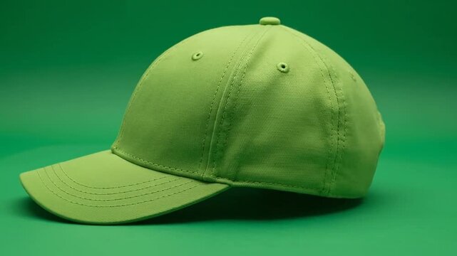 A plain light green baseball cap is displayed against a solid green background.