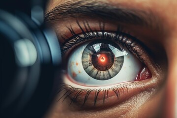 Close up view of a futuristic composite eye reflecting advanced technology