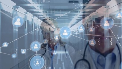 Animation of network of connections with data processing over diverse doctors and server room - Powered by Adobe