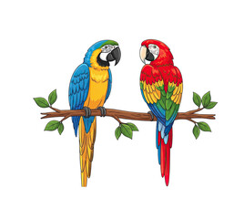 Fototapeta premium Two Colorful Macaw Parrots Perched on a Branch Against a Transparent Background