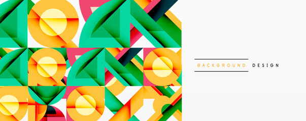 Obraz premium Abstract geometric pattern. Vibrant colors overlap creating modern design. Circles, triangles, squares form dynamic composition.