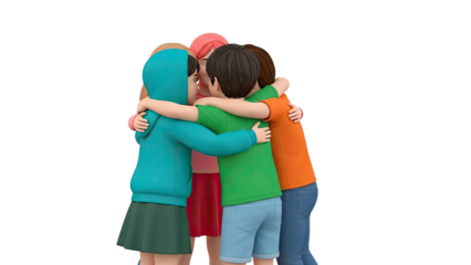 Four friends hugging in a huddle