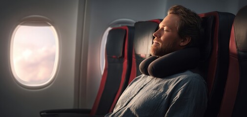 The Man Relaxing on an Airplane Window Seat with Neck Pillow at Sunset