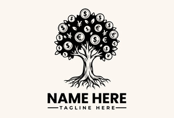 Black and white illustration of a tree with dollar signs for leaves and a placeholder text for a company name and tagline on a beige background.