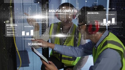 Animation of hud interface over diverse engineers wearing headphones discussing in network server - Powered by Adobe