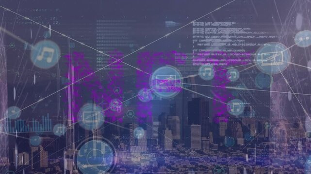Animation of connected icons, binary codes and computer language over aerial view of cityscape