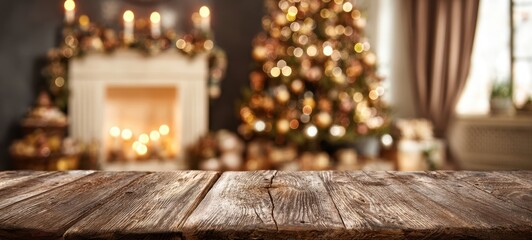 The Wooden Table in a Cozy Living Room with Christmas Tree and Fireplace Bokeh