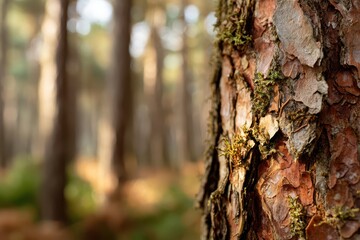 Obraz premium Textured bark details of a conifer in dappled forest light