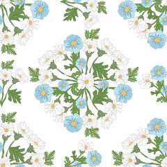 seamless floral background. A seamless floral pattern featuring blue and white blossoms with yellow centers and green leaves, arranged in a balanced, decorative layout on a soft, light background.