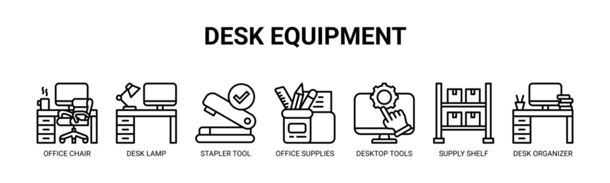Desk Equipment web banner icon vector illustration concept with icons of office chair, desk lamp, stapler tool, office supplies, desktop tools, supply shelf, desk organizer.