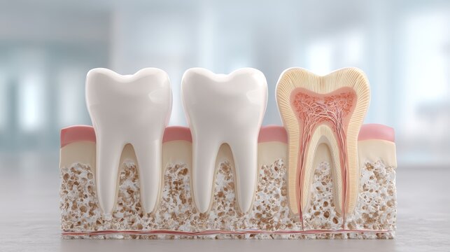 Human teeth anatomy illustration with healthy gum and bone, including a cross-section of one tooth showing enamel, dentin, and pulp in a blurred dental office background