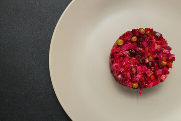Classic Russian Beet Salad with Mustard Seeds on Plate. Vinaigrette