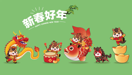 Vintage Chinese new year poster design with horse character. Chinese wording means Happy Lunar Year, Prosperity.