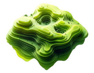 A layered, organic, green structure resembling a topographic map