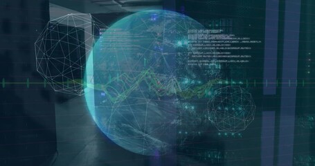 Animation of data processing over spinning globe against computer server room - Powered by Adobe