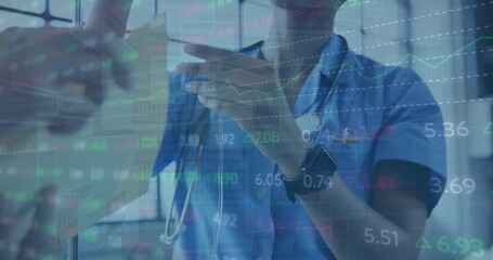 Animation of data processing over african american female health worker check iv drip at hospital - Powered by Adobe