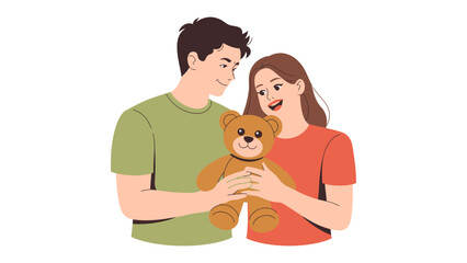 Cherishing Moment with Teddy Bear: In a tender embrace, a couple shares a moment of affection, their eyes locked on a cuddly teddy bear held between them, embodying warmth and connection.