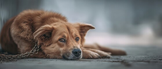The dog lying chained on a quiet urban pavement with a sorrowful gaze