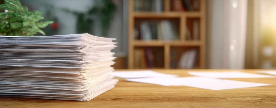 The Stack of Papers on a Wooden Desk in a Sunlit Home Office