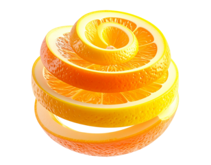 Spiraling orange peel isolated on black, showing textured detail and color