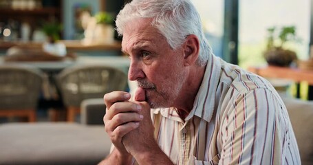 Senior man, thinking and sad on sofa in home with stress, mental health and worry in retirement. Elderly person with depression, anxiety or bad memory on couch, ptsd and reflection at apartment