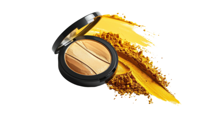 Makeup compact with varying shades, next to yellow eyeshadow swatches