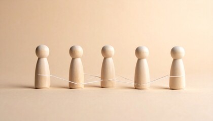 “Minimalist wooden peg dolls connected by string on neutral background.”