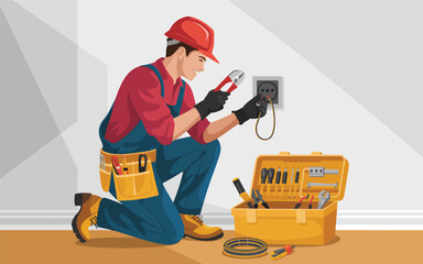 Electrician working on an electrical outlet with tools in a toolbox