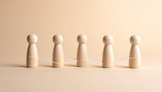 &ldquo;Minimalist wooden peg dolls connected by string on neutral background.&rdquo;