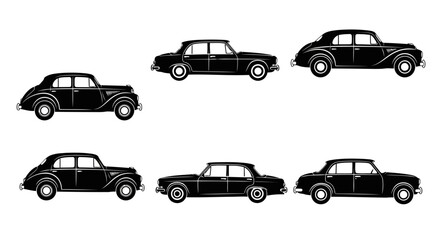 Fototapeta premium Classic Car Silhouette Collection Vector Illustration Vintage Automobile Auto Vehicle Transport Isolated on White Background Design Element Old School Style Retro Look