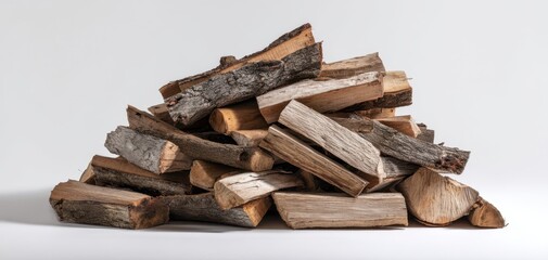 The pile of firewood on a clean white background in studio lighting