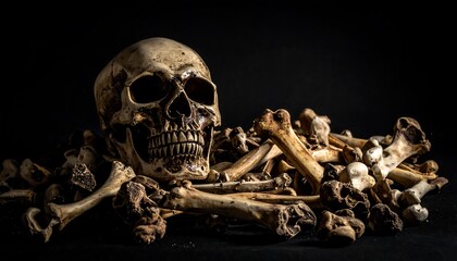 Human Skull and Bones on Black Background - A Macabre Still Life.