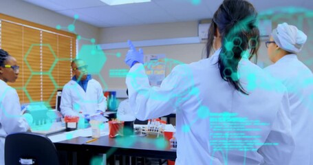 Animation of medical data processing over group of diverse scientists discussing at laboratory - Powered by Adobe